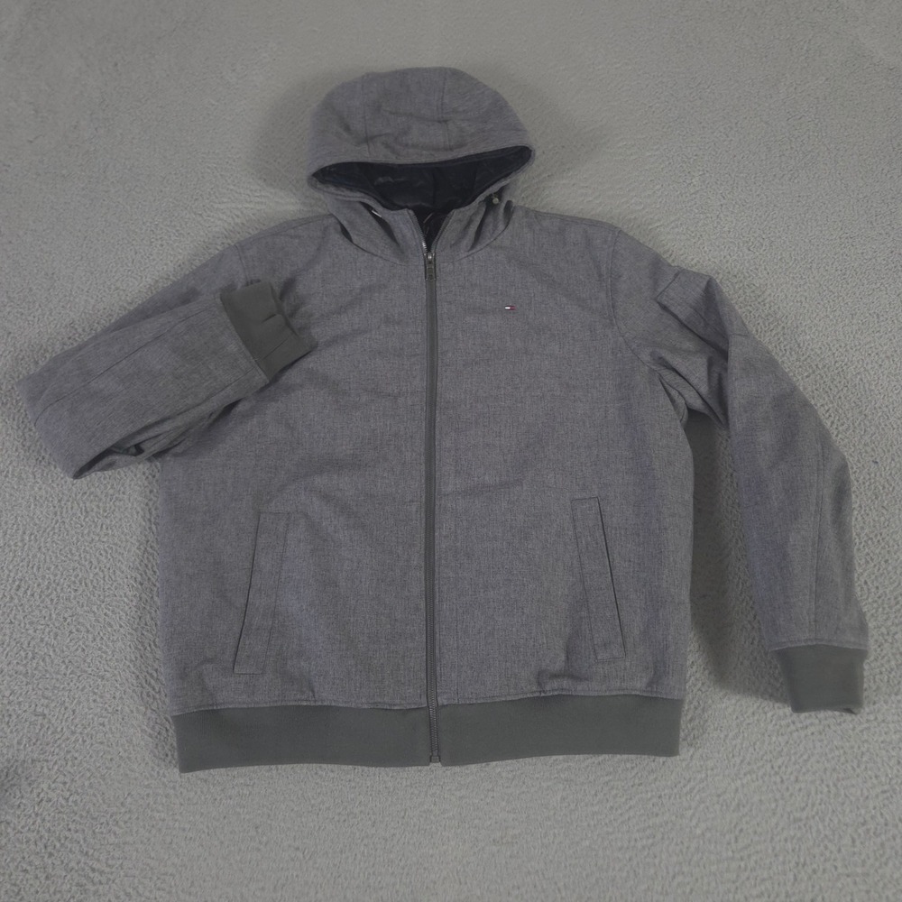 Tommy Hilfiger Jacket Mens XL Grey Softshell Fashion Bomber Stand Collar Hooded